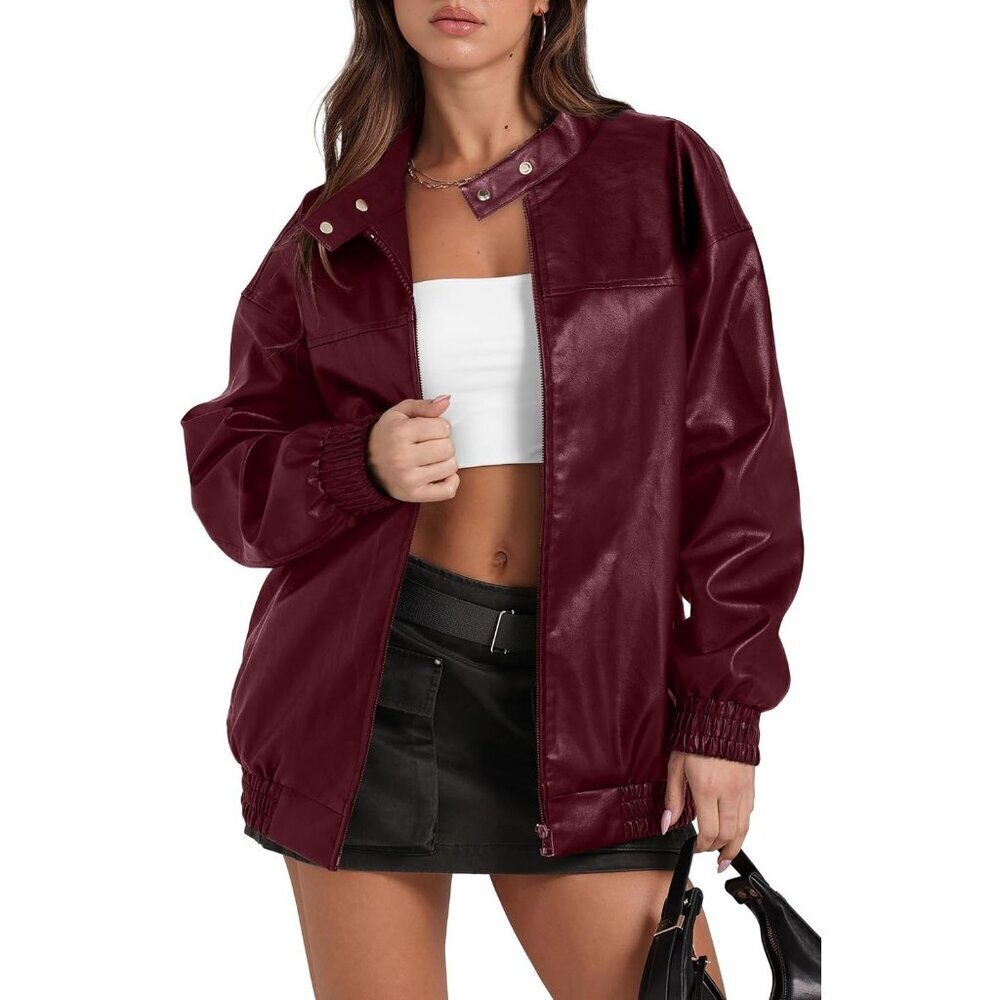 🆕Women's Red Faux Leather Oversized Motorcycle Bomber Jacket Coat